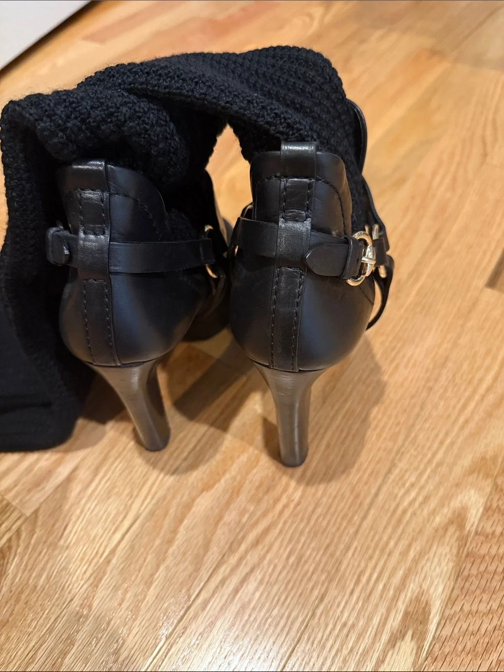 Gucci Black Leather Ankle Booties with Knit Cuff